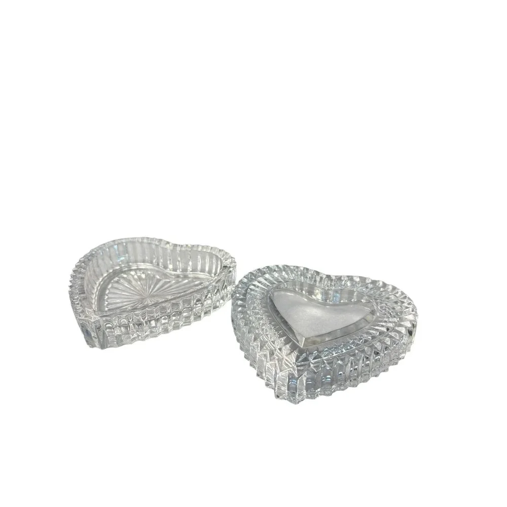 Vintage Heart Shaped Crystal Glass Trinket Box Jewelry Box w/ Lid